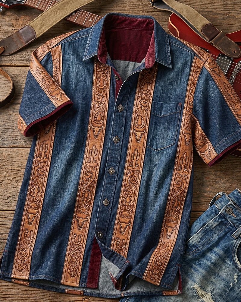 Western Tooled Print Denim Shirt
