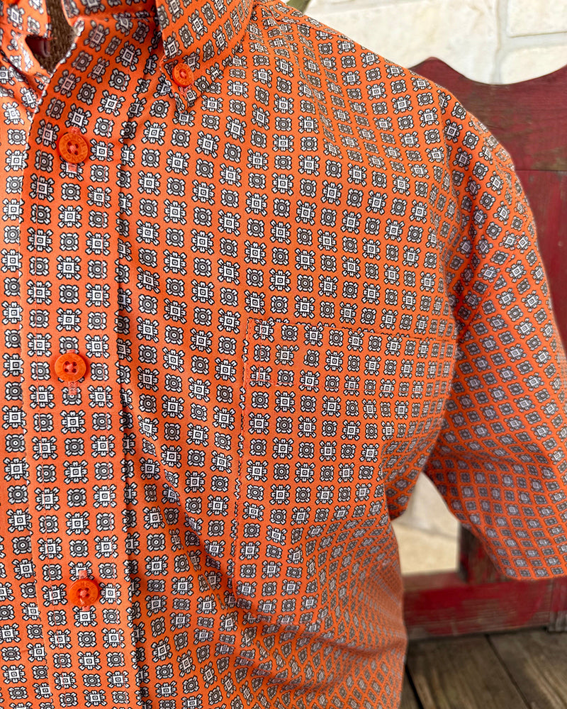 Men's Orange Print Short Sleeve Button-Down Shirt