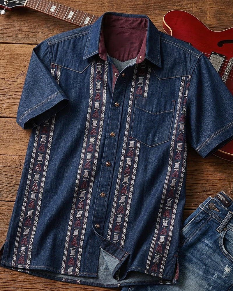 Ethnic Striped Short Sleeve Denim Shirt