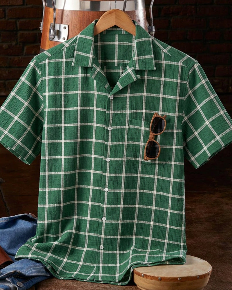 Green Grid Plaid Camp Collar Shirt