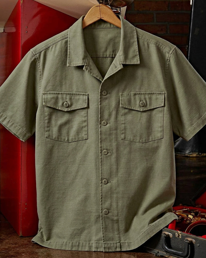 Olive Green Double Chest Pocket Short Sleeve Work Shirt