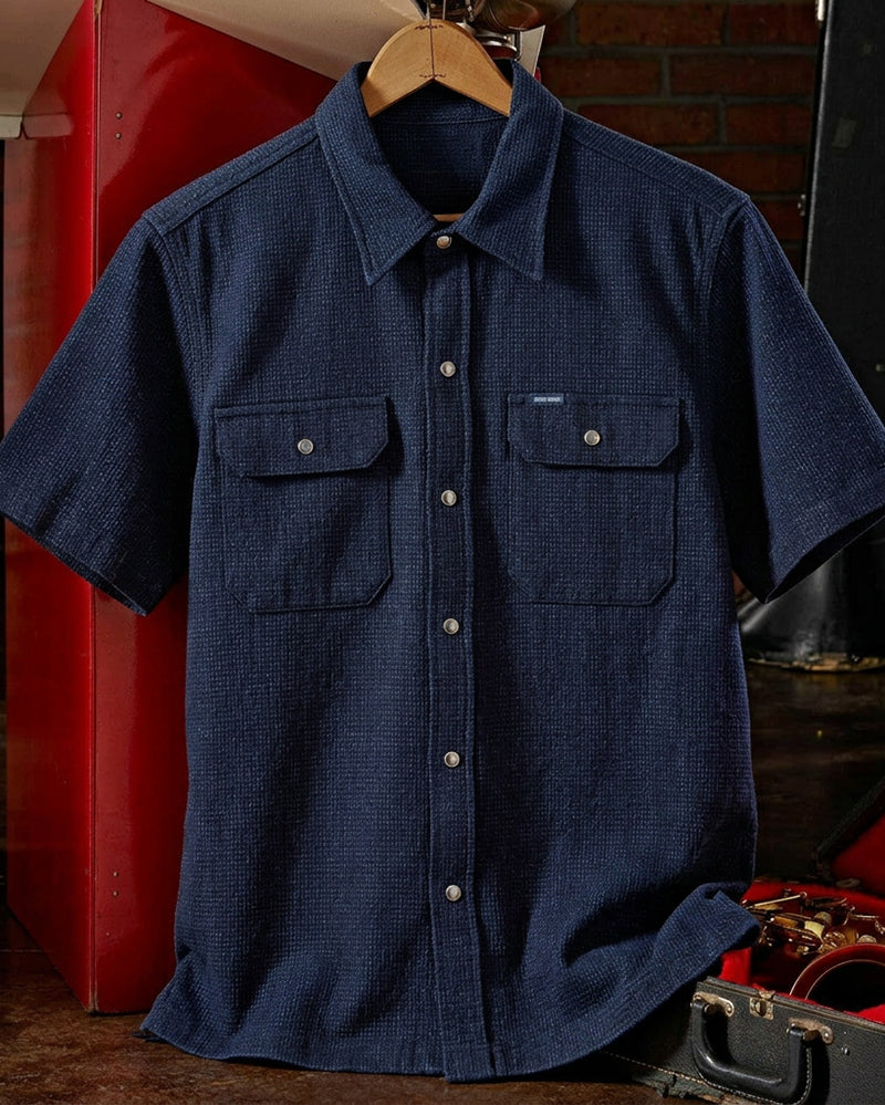 Men's Navy Blue Waffle Short Sleeve Work Shirt