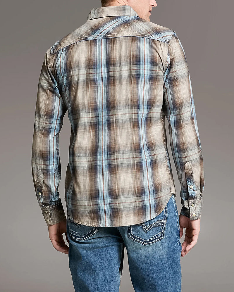 Tan Blue Plaid Contrast Trim Athletic Snap Long Sleeve Shirt