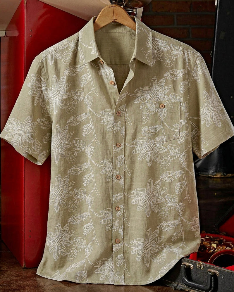Sage Green Floral Single Pocket Short Sleeve Shirt