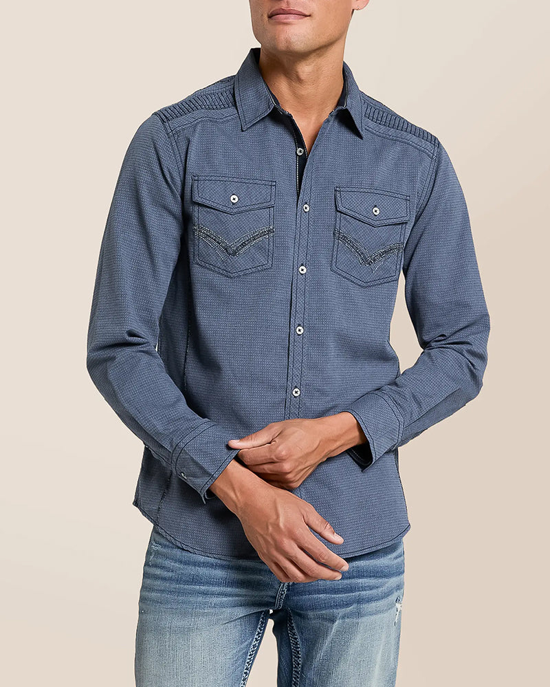 Blue Textured Contrast Cuff Western Long Sleeve Shirt