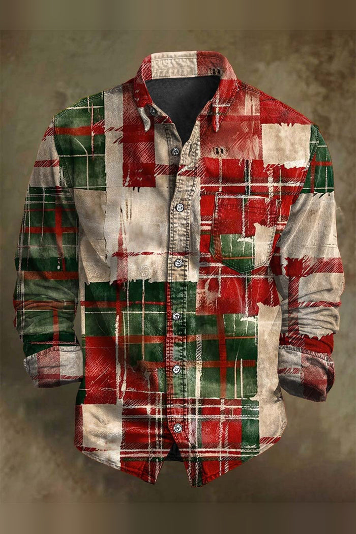 Men’s Vintage Christmas Plaid Patchwork Shirt