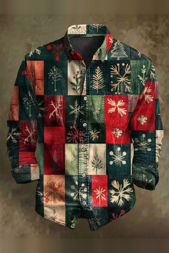 Men’s Vintage Christmas Snowflake Tree Patchwork Shirt