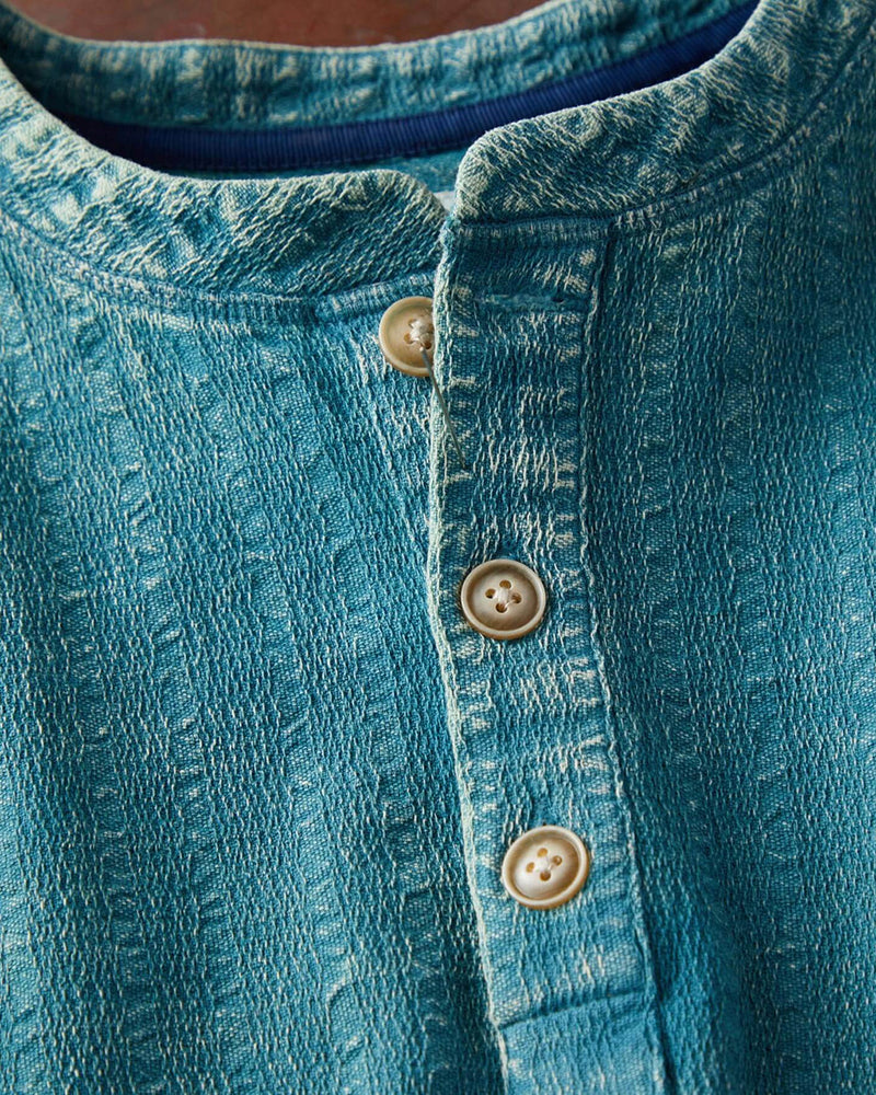 Teal Blue Woven Henley Button Shirt
