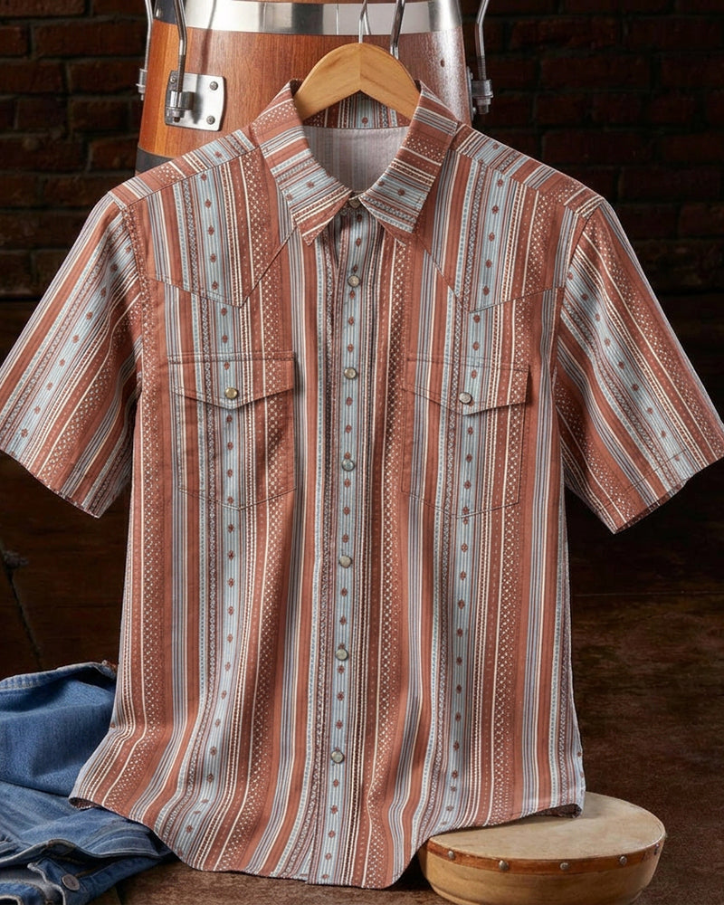 Casual Vertical Stripe Double Chest Pocket Short Sleeve Shirt