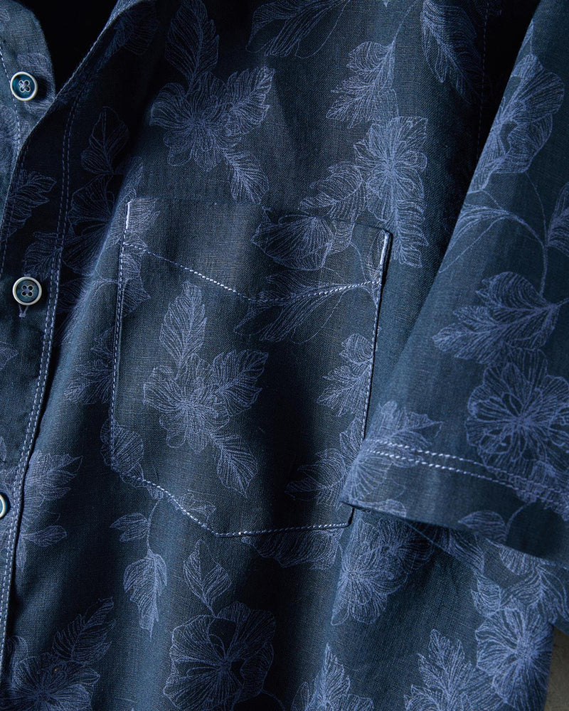 Navy Leaf Pattern Short Sleeve Shirt