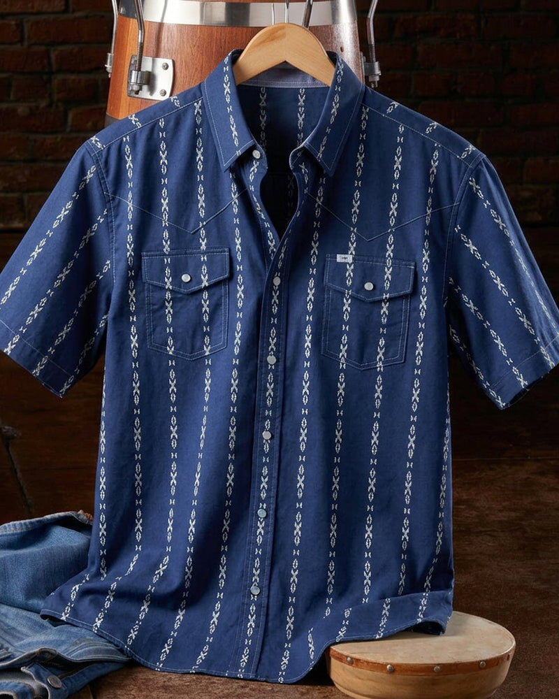 Men's Navy Geometric Stripe Western Short Sleeve Shirt