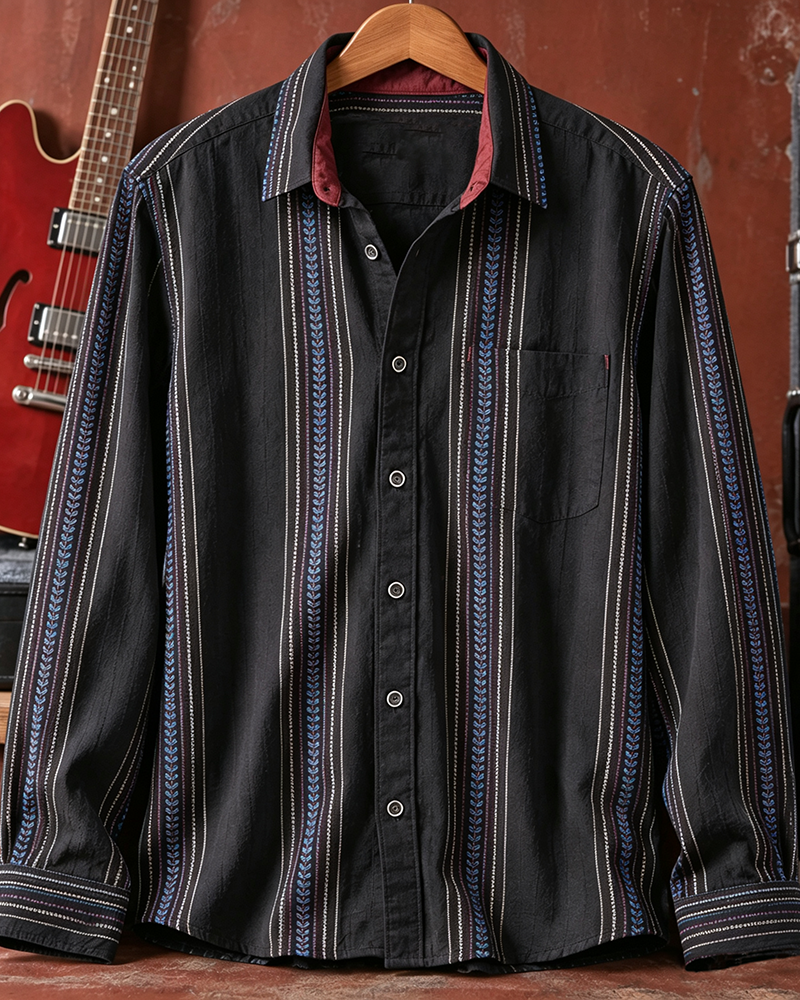 Black Pockets Textured Woven Stripe Shirt
