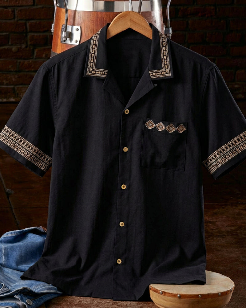 Men's Black Button Down Short Sleeve Chest Pocket Collared Shirt