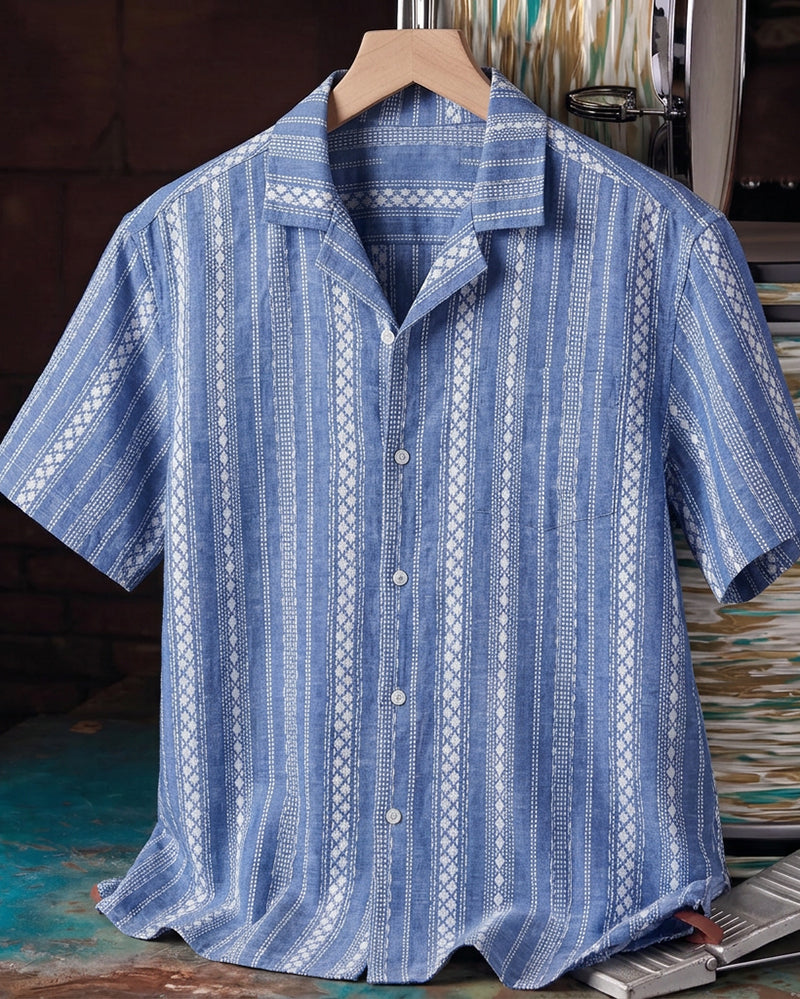 Denim Blue Geo Stripe Short Sleeve Shirt