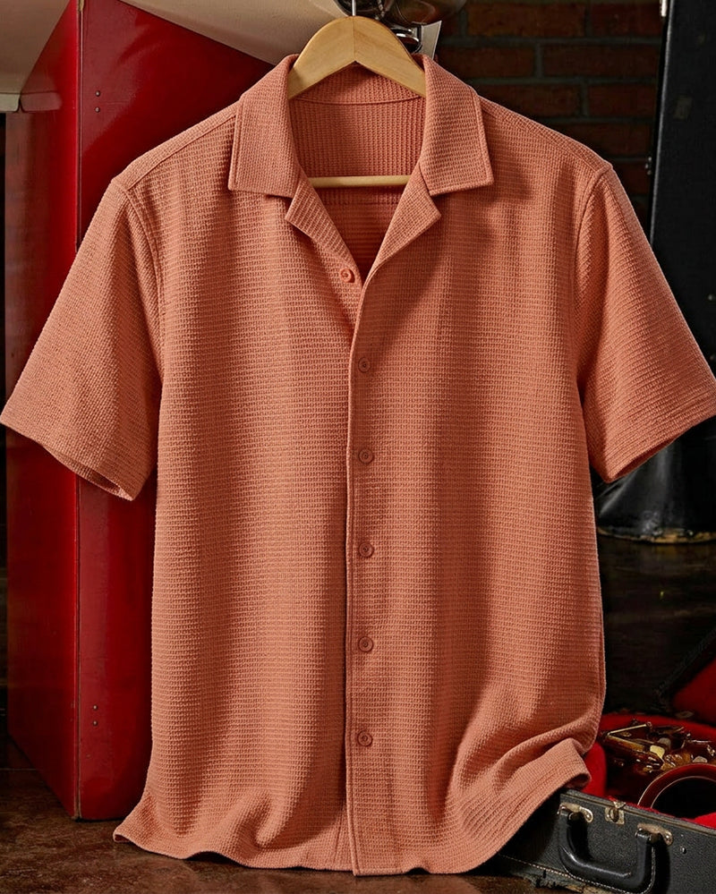 Men's Terracotta Solid Camp Collar Short Sleeve Shirt