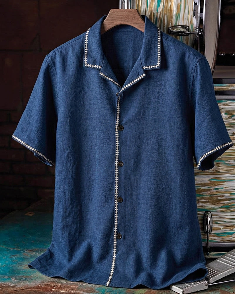 Contrast Trim Camp Collar Short Sleeve Shirt