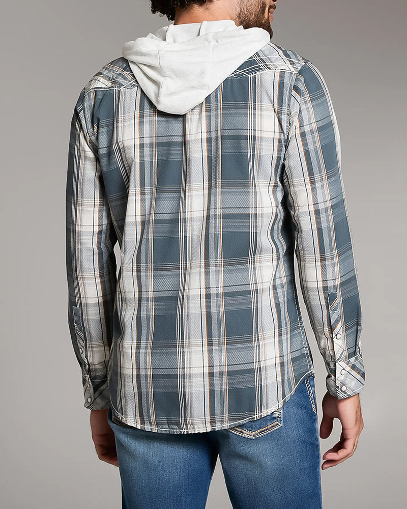 Blue Cream Plaid Contrast Hooded Western Long Sleeve Shirt