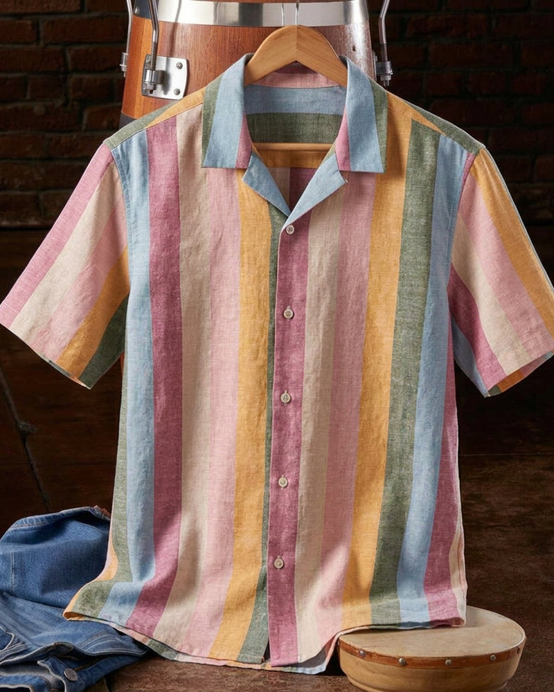Men's Pastel Rainbow Vertical Stripe Short Sleeve Shirt
