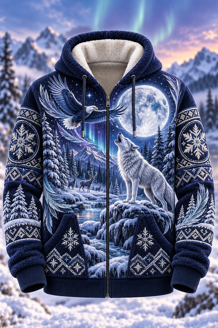 Nordic Moonlight Wolf Eagle Sherpa Fleece Hoodie