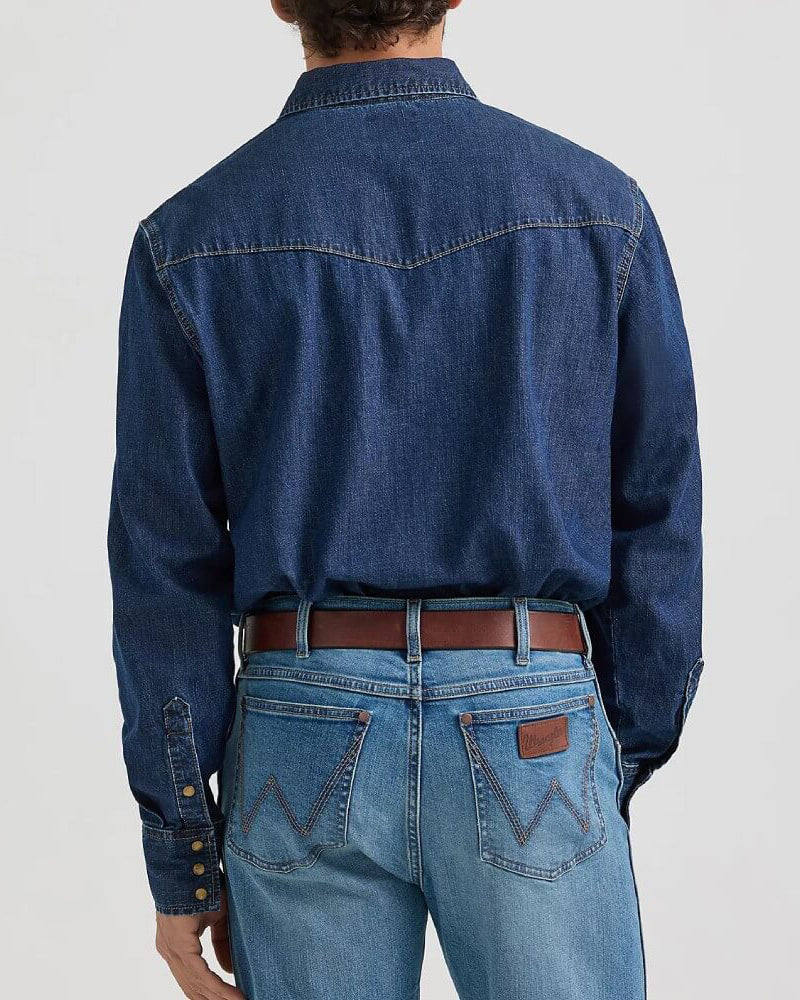 Dark Wash Denim Western W Stitched Snap Long Sleeve Shirt