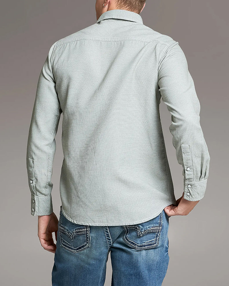Solid Light Green Textured Snap Long Sleeve Shirt