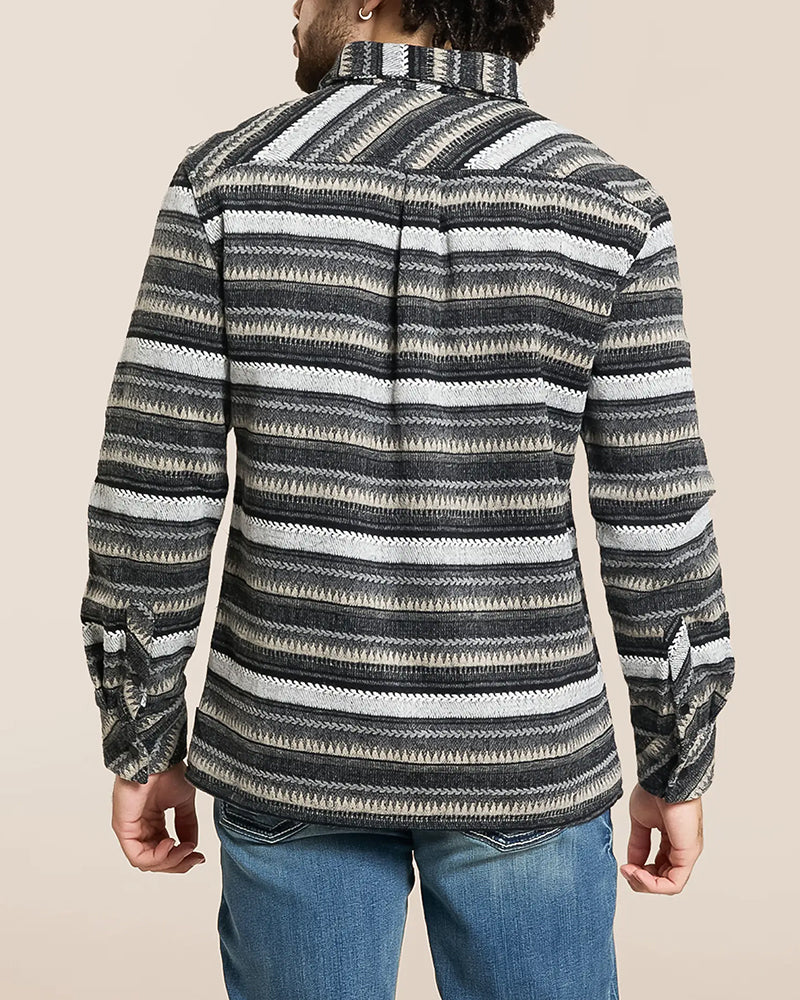 Black Tan Wavy Stripe Athletic Snap Long Sleeve Shirt