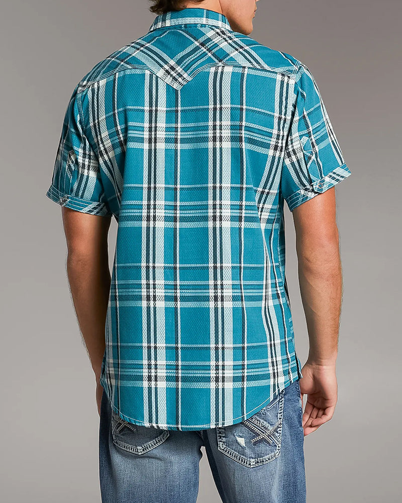 Teal Short Sleeve Standard Plaid Snap Shirt