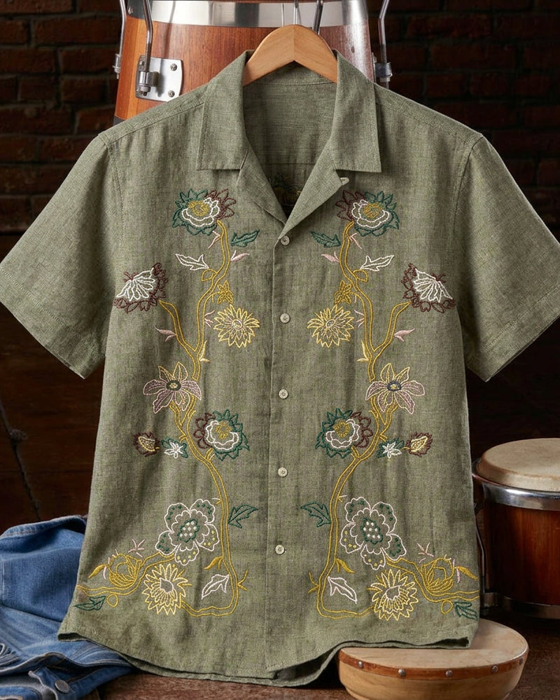 Men's Sage Green Floral Vine Camp Collar Shirt