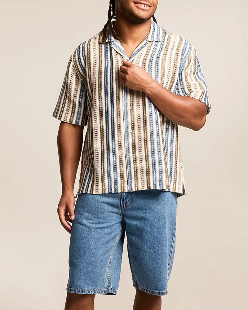 Men's Striped Crochet Camp Collar Shirt