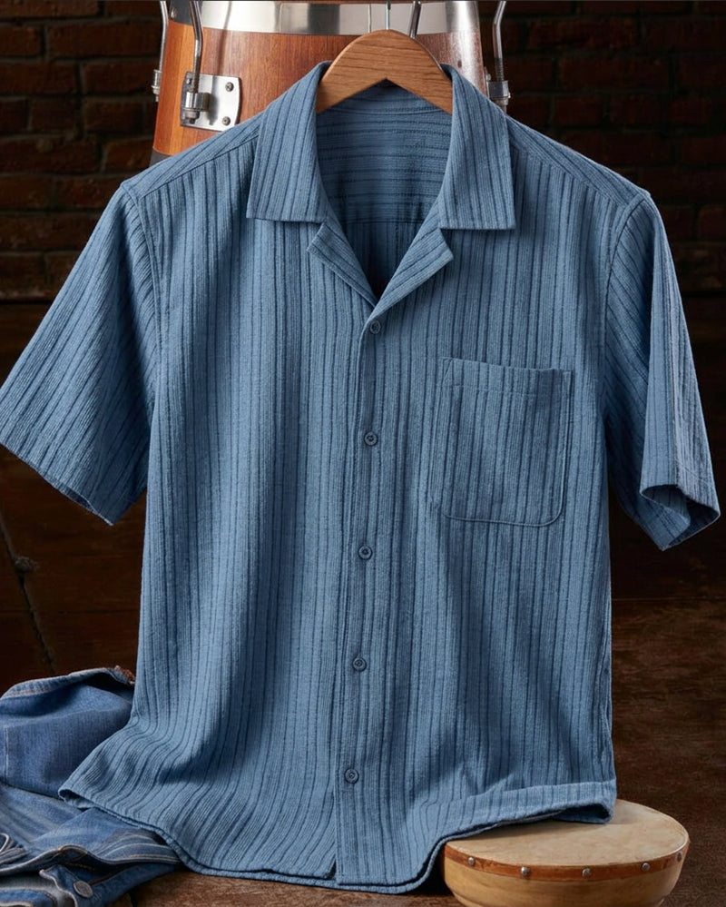 Dusty Blue Vertical Stripe Camp Collar Short Sleeve Shirt