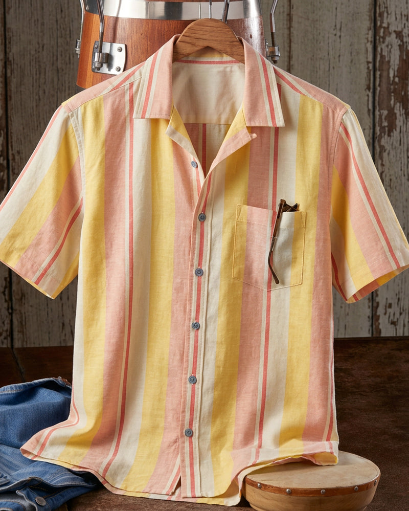 Pastel Vertical Stripe Camp Collar Short Sleeve Shirt