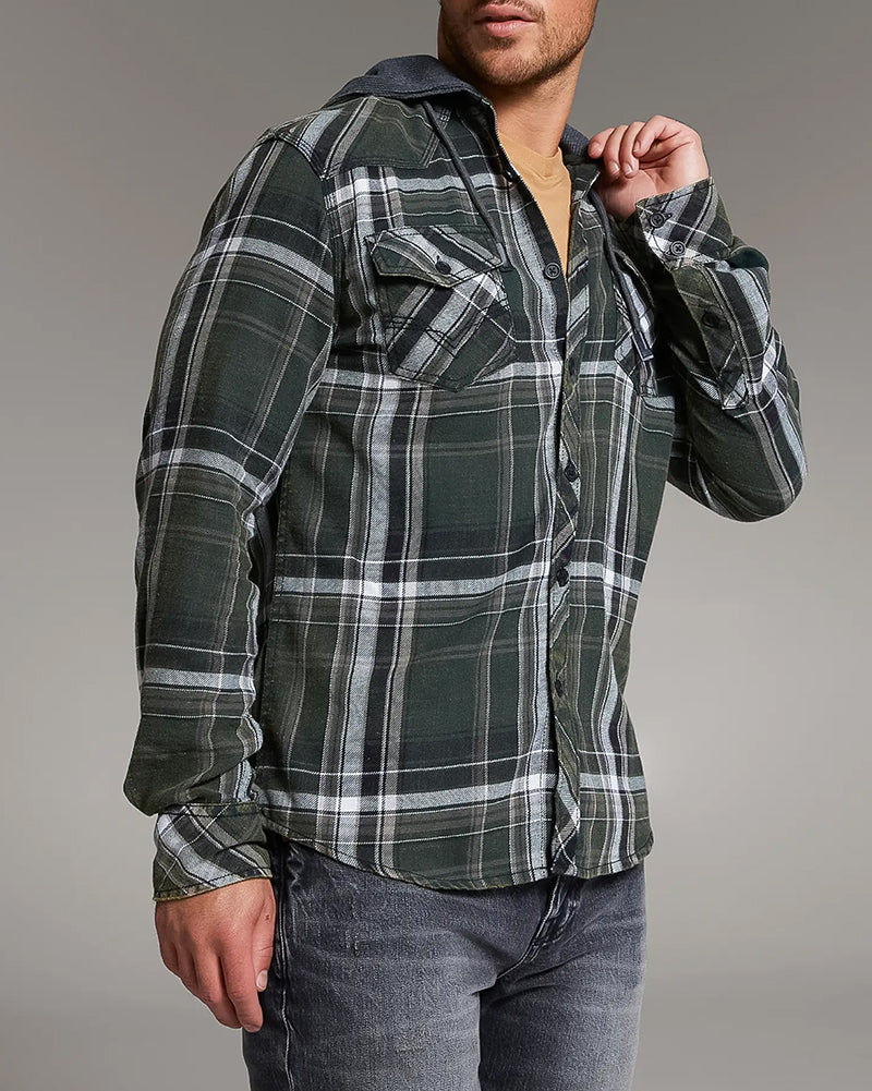 Green Plaid Hooded Button Shirt