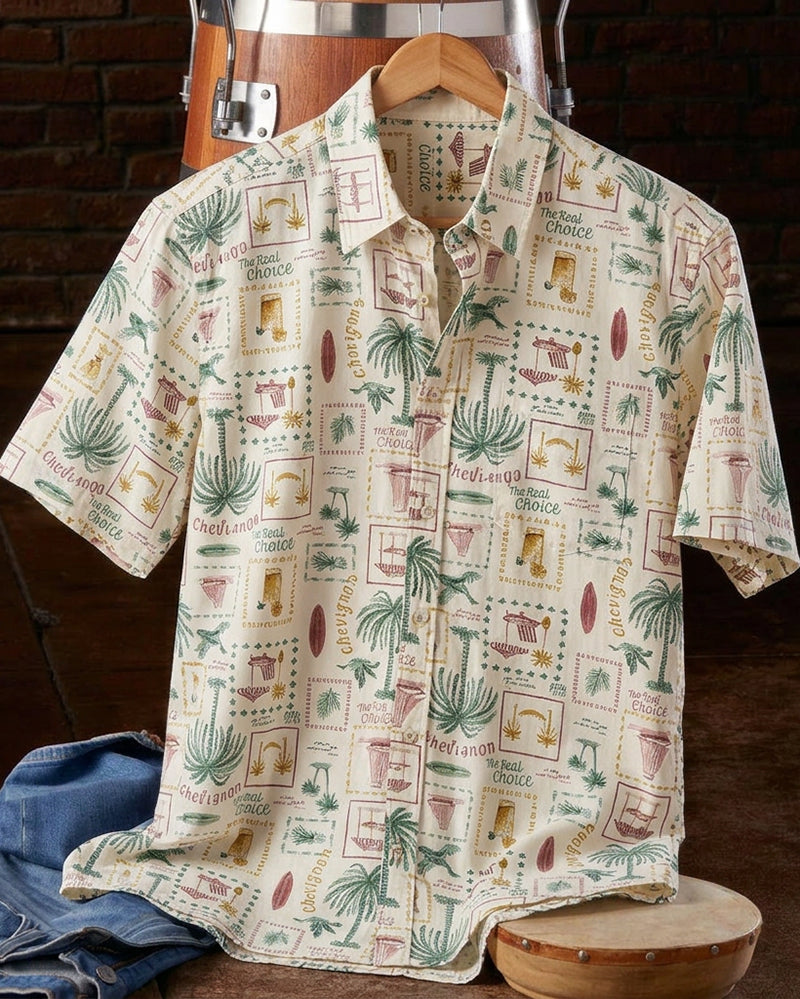 Men's Short Sleeve Tropical Postcard Print Shirt