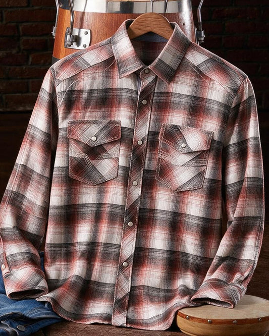 Black Mauve Contrast Cuff Plaid Snap Shirt