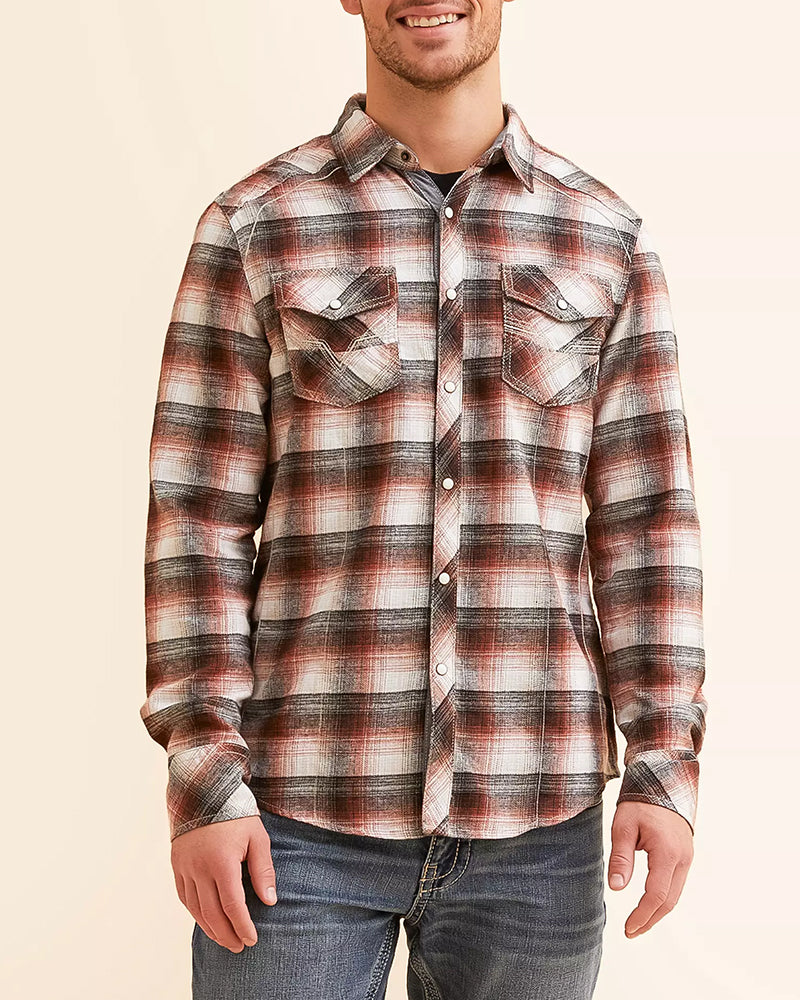 Black Mauve Contrast Cuff Plaid Snap Shirt