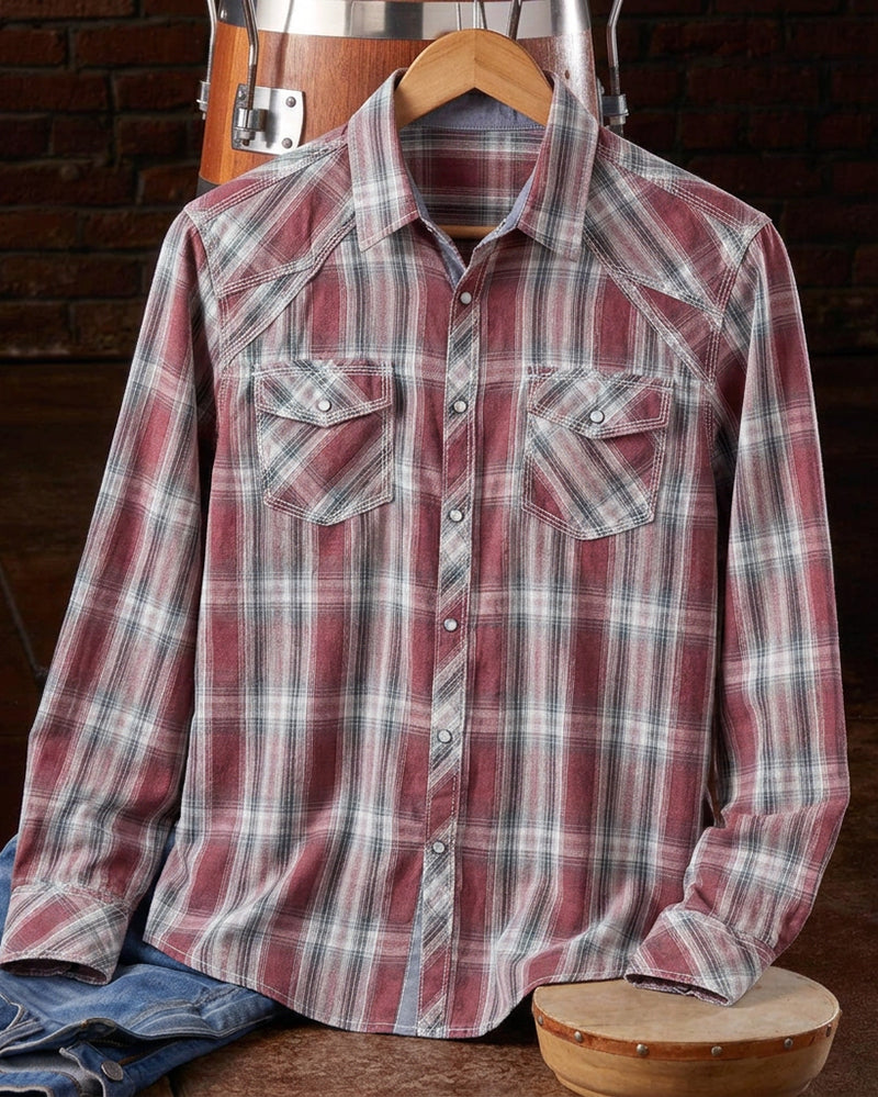 Red Navy White Washed Plaid Athletic Western Shirt