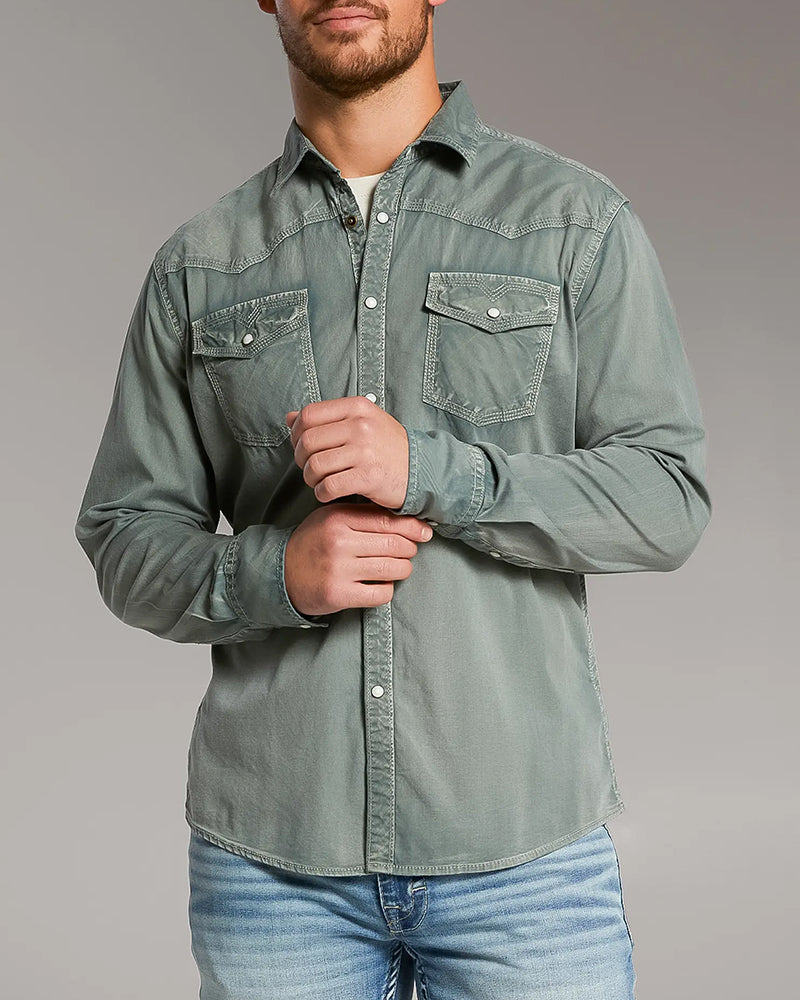 Green Washed Western Snap Front Shirt
