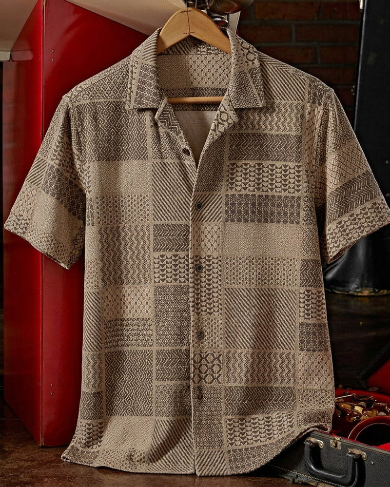 Taupe Geo Patchwork Camp Collar Short Sleeve Shirt