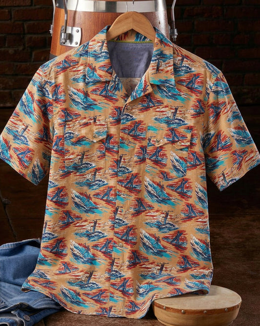 Men's Short Sleeve Surf Scene Print Western Shirt