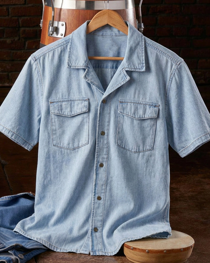 Men's Short Sleeve Denim Camp Collar Shirt