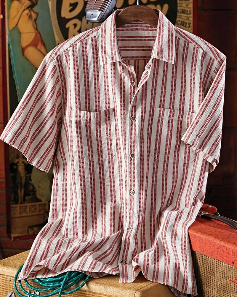 Men's Red Striped Short Sleeve Button-Up Shirt