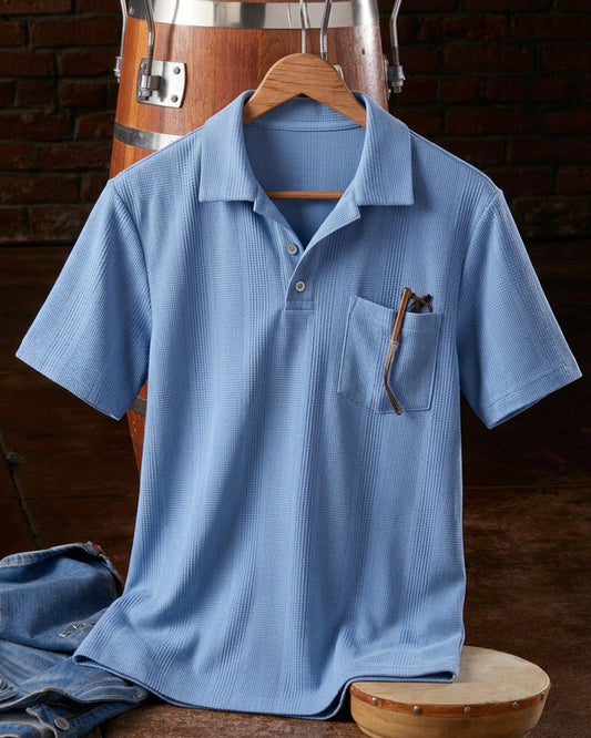 Striped Texture Chest Pocket Short Sleeve Polo Shirt