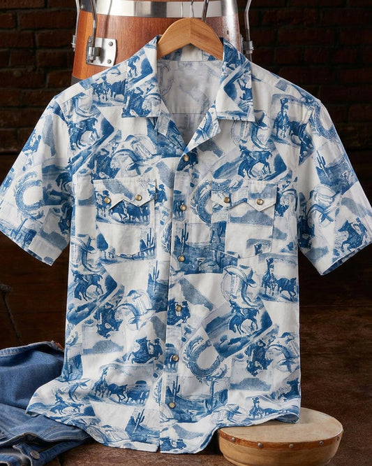Men's Short Sleeve Cowboy Print Western Snap Shirt