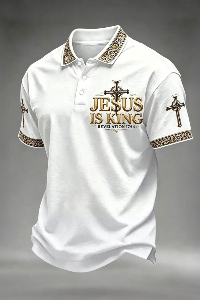 Jesus Is King Christian Cross Embroidered Polo Shirt