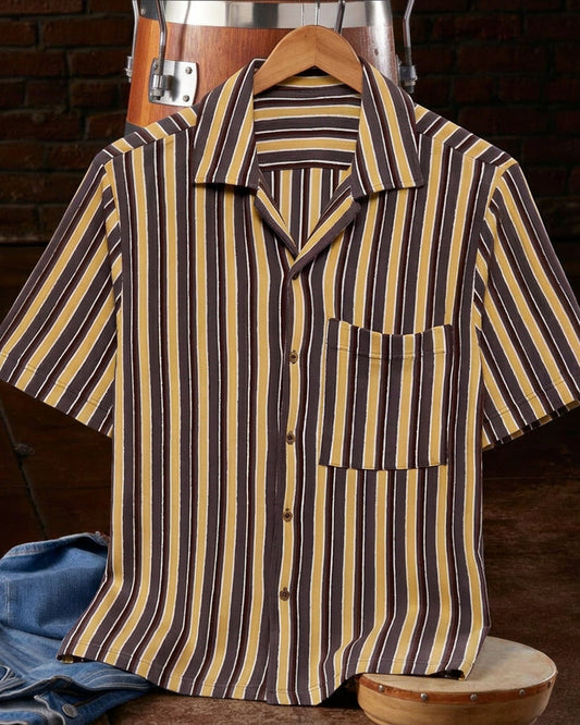 Vertical Stripe Button Front Chest Pocket Short Sleeve Shirt
