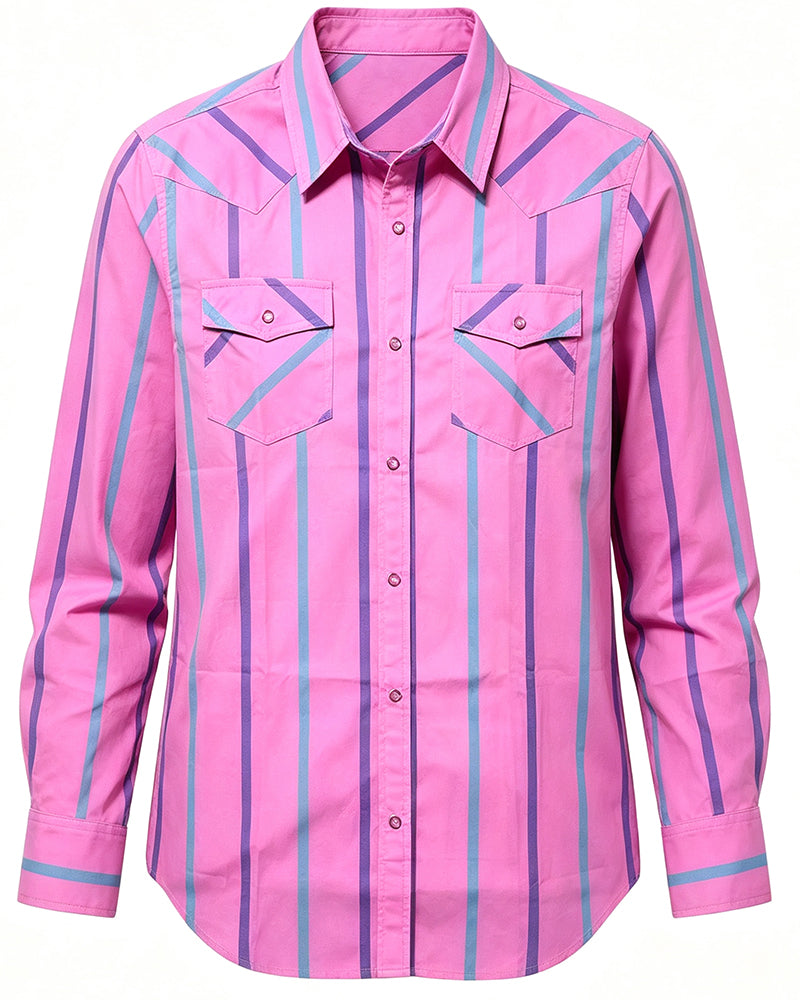 Men's Pink Base Blue Purple Vertical Striped Long Sleeve Western Shirt