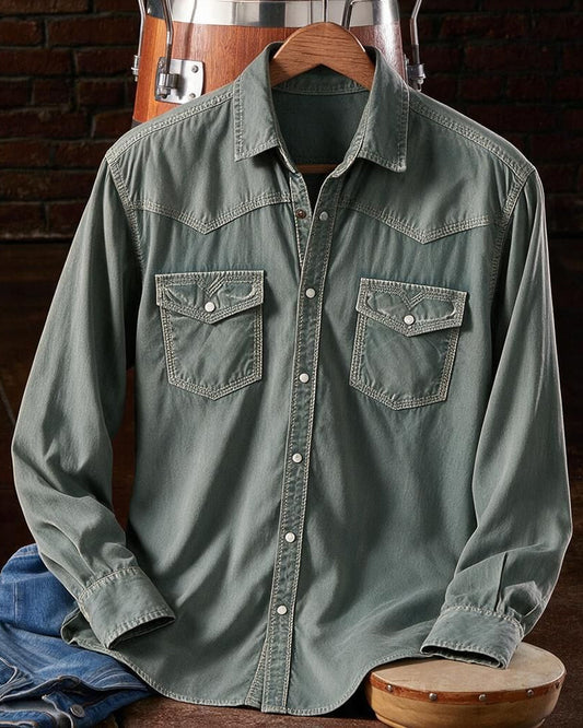Green Washed Western Snap Front Shirt