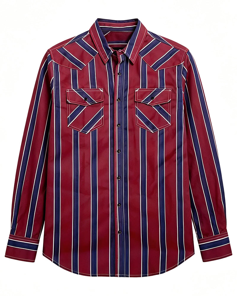 Men's Vertical Striped Long Sleeve Pearl Snap Dual Pocket Western Shirt