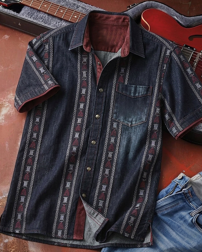 Ethnic Striped Short Sleeve Denim Shirt