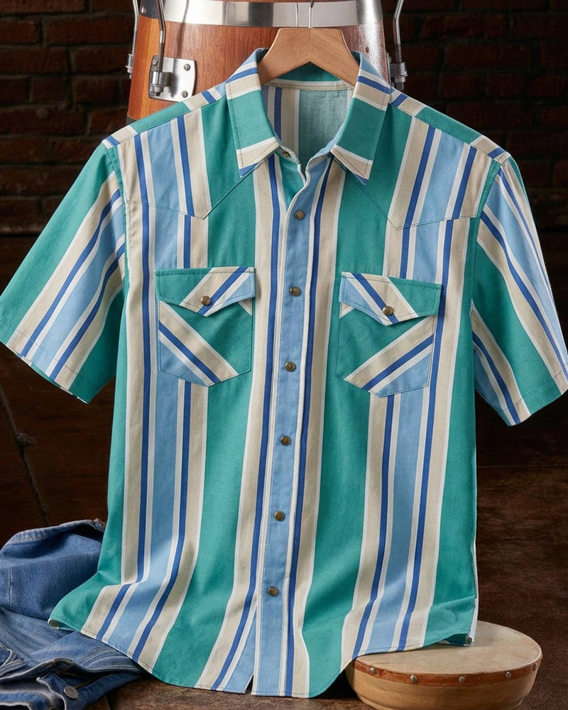 Men's Green Blue Vertical Stripe Dual Pocket Short Sleeve Shirt